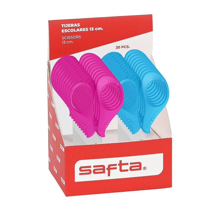 Safta Expositor con 20 Tijeras de 13cm - Asas Ergonomicas - Punta Redonda Segura - Cuchillas de Acero - Colores Surtidos 1