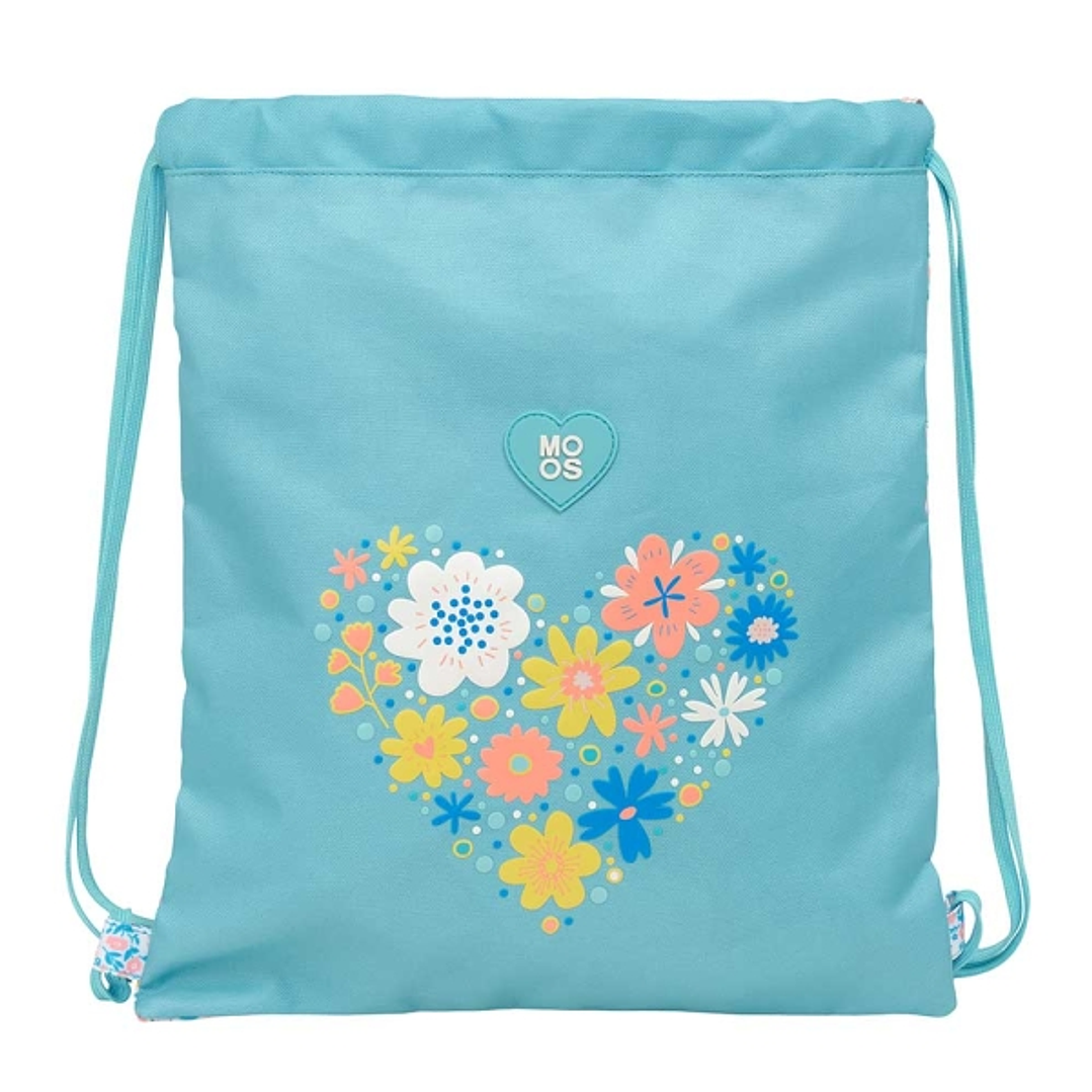 Safta Moos Fiori Saco Plano - Bolsillo con Cremallera - Cierre con Cordones - Material Reciclable - 5L - 350x10x400mm - Color Azul Claro 1