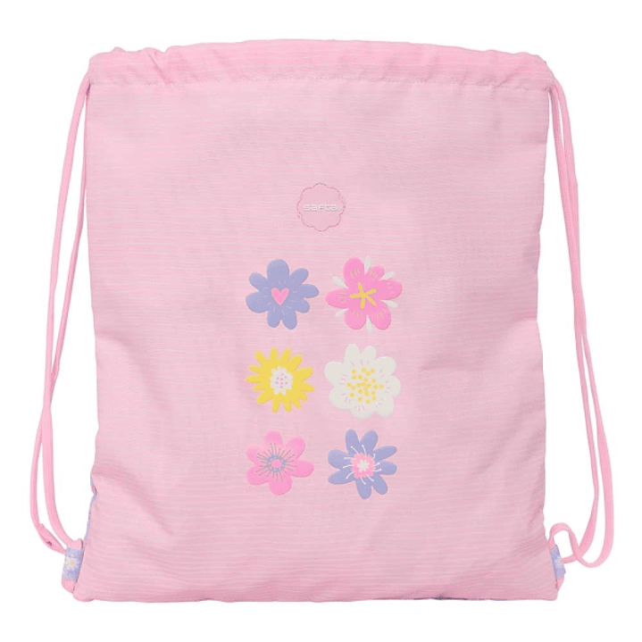Safta Bouquet Saco Plano - Bolsillo Interior con Cremallera - Cierre con Cordones - 5L - 350x10x400mm - Color Rosa Pastel 1