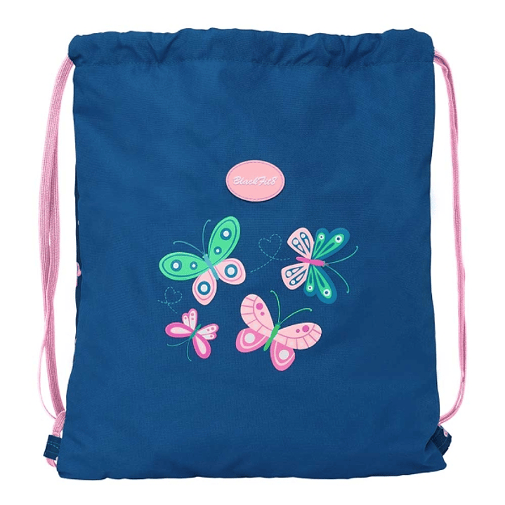 Safta Blackfit8 Mariposas Saco Plano - Bolsillo con Cremallera - Cierre con Cordones - 5L - 350x10x400mm - Color Azul Marino 1