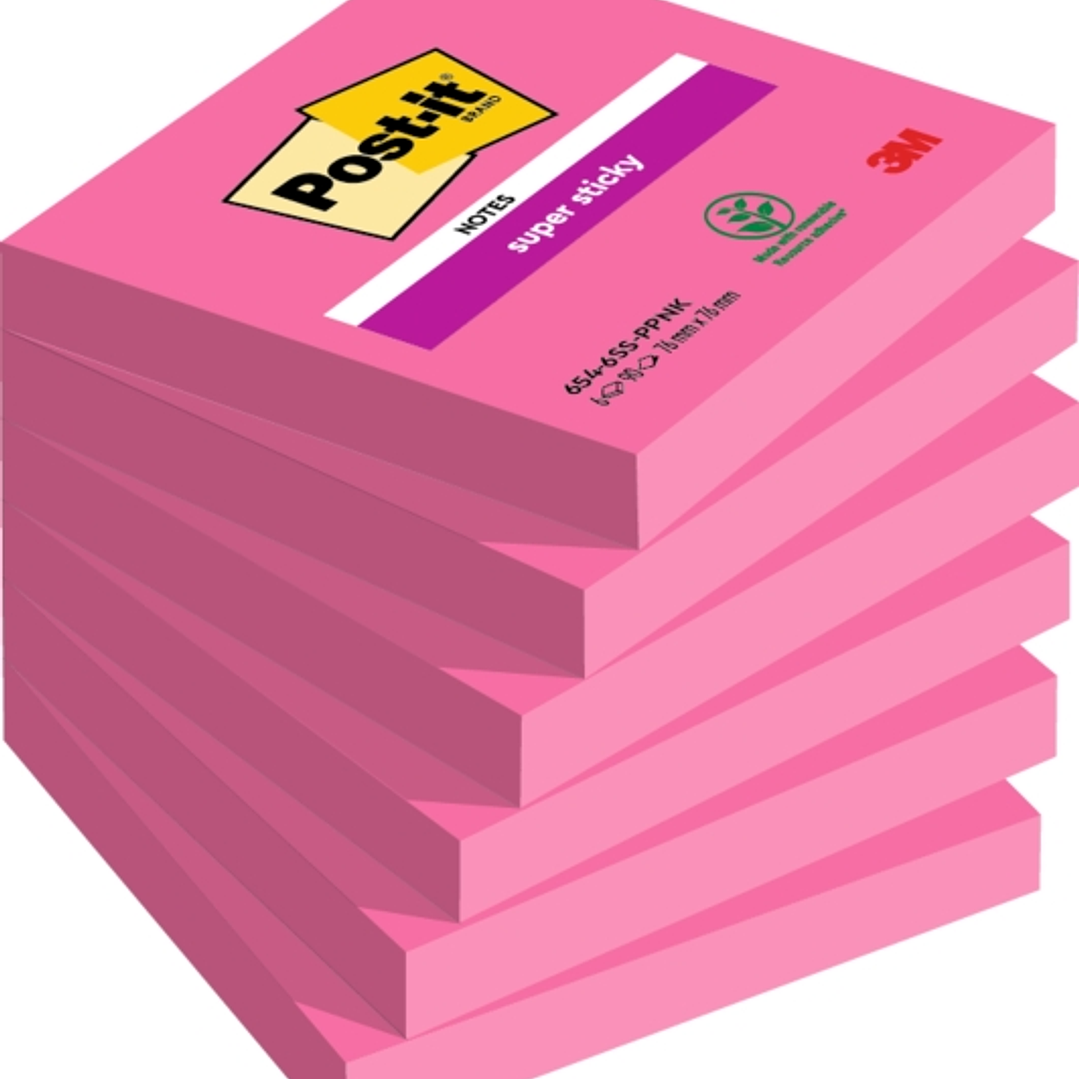 Post-It Super Sticky Pack de 6 Blocs de 90 Notas Adhesivas Reposicionables - Forma Cuadrada - 76x76mm - Color Rosa 1