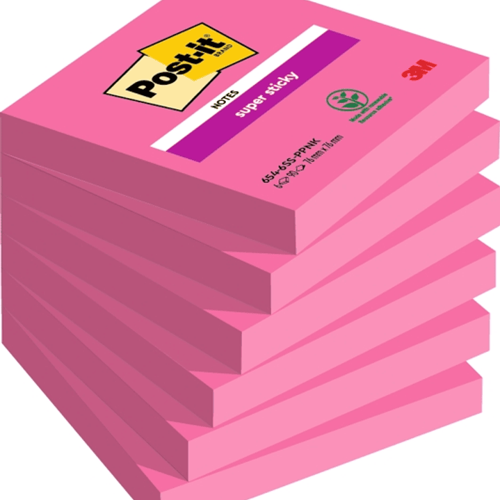 Post-It Super Sticky Pack de 6 Blocs de 90 Notas Adhesivas Reposicionables - Forma Cuadrada - 76x76mm - Color Rosa 1