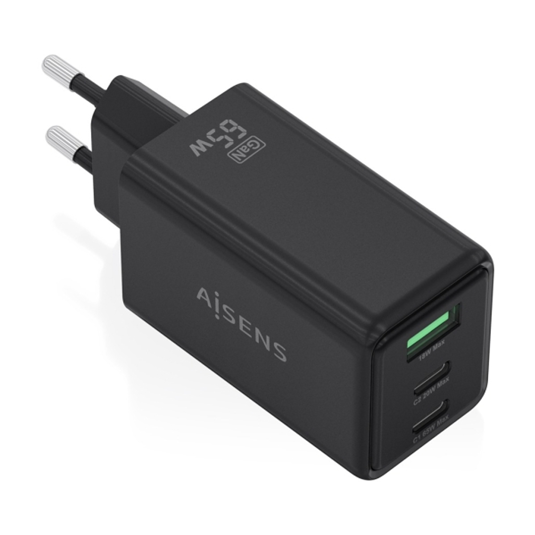 Aisens Cargador GAN 65W - 2xUSB-C PD3.0 QC4.0 y 1xUSB-A QC3.0 - Color Negro 1