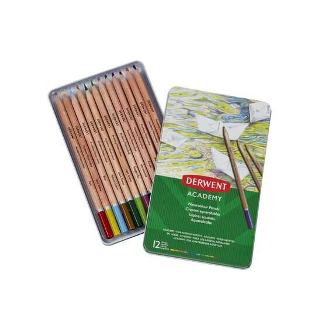 Derwent Academy Pack de 12 Lapices Acuarelables - Flexibilidad de la Acuarela - Cuerpos de Madera Natural - Faciles de Usar - Pigmentos de Calidad - M 1