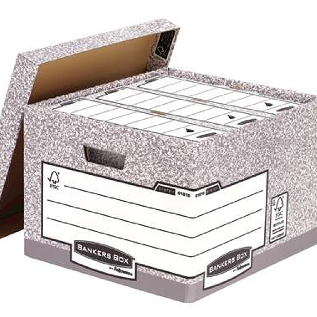 Fellowes Bankers Box Contenedor de Archivos Folio - Montaje Automatico Fastfold - Carton Reciclado Certificacion FSC - Color Gris 1