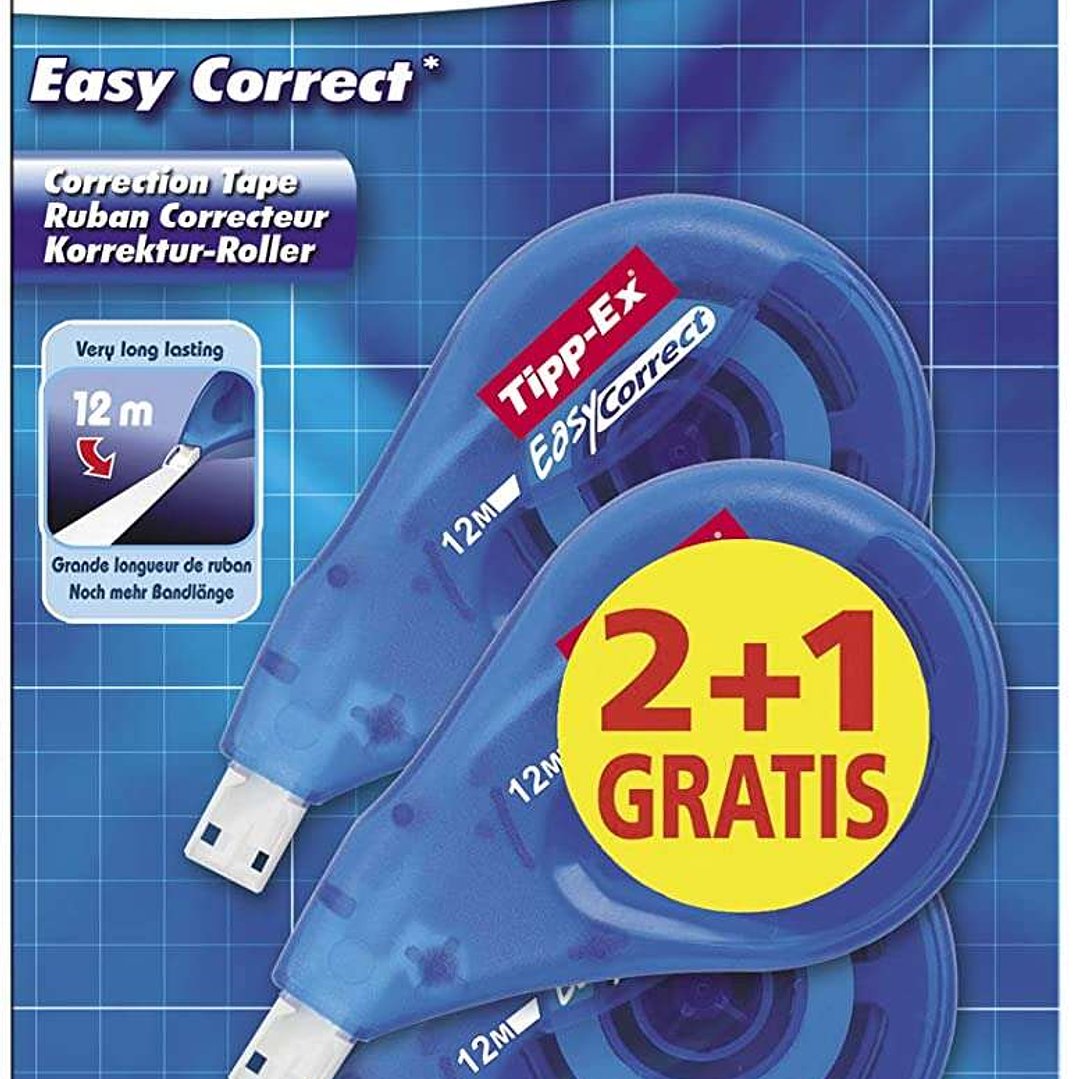 Tipp-Ex Easy Correct 2+1 Pack de 3 Cintas Correctoras 4.2mm x 12m - Resistente - Escritura Instantanea (Blister) 1