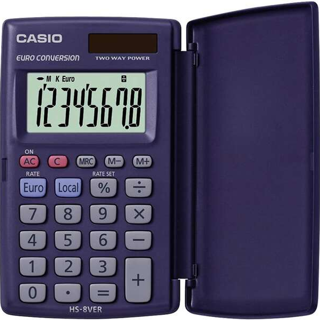 Casio HS-8VERA Calculadora de Bolsillo con Tapa - Pantalla LC Extragrande de 8 Digitos - Funcion Conversor de Euros - Color Azul Oscuro 1