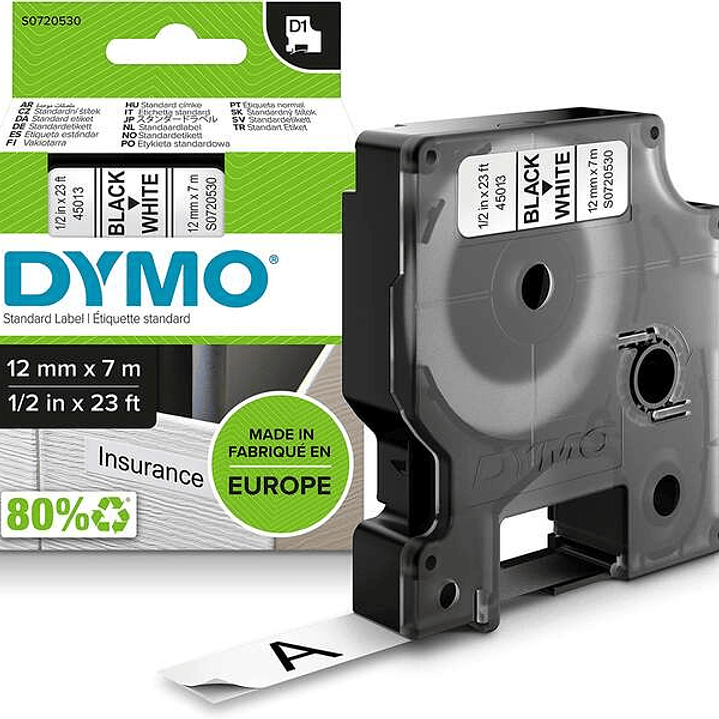 Dymo D1 45013 Cinta de Etiquetas Original para Rotuladora - Texto negro sobre fondo blanco - Ancho 12mm x 7 metros - S0720530 1