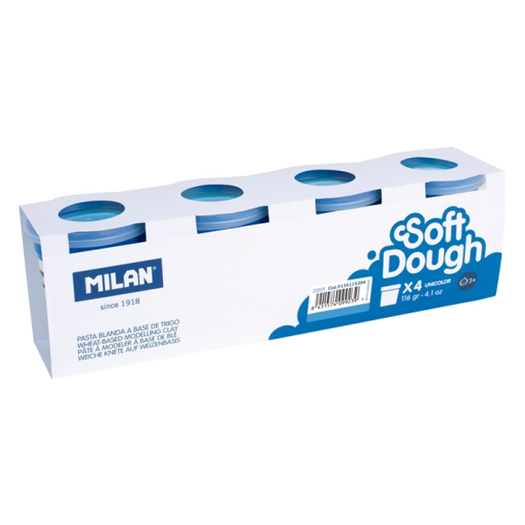 Milan Soft Dough Pack de 4 Botes de Pasta Blanda - 100% Vegetal - Moldeable - Sin Residuos - Colores Mezclables - 116g por Unidad - Color Azul 1