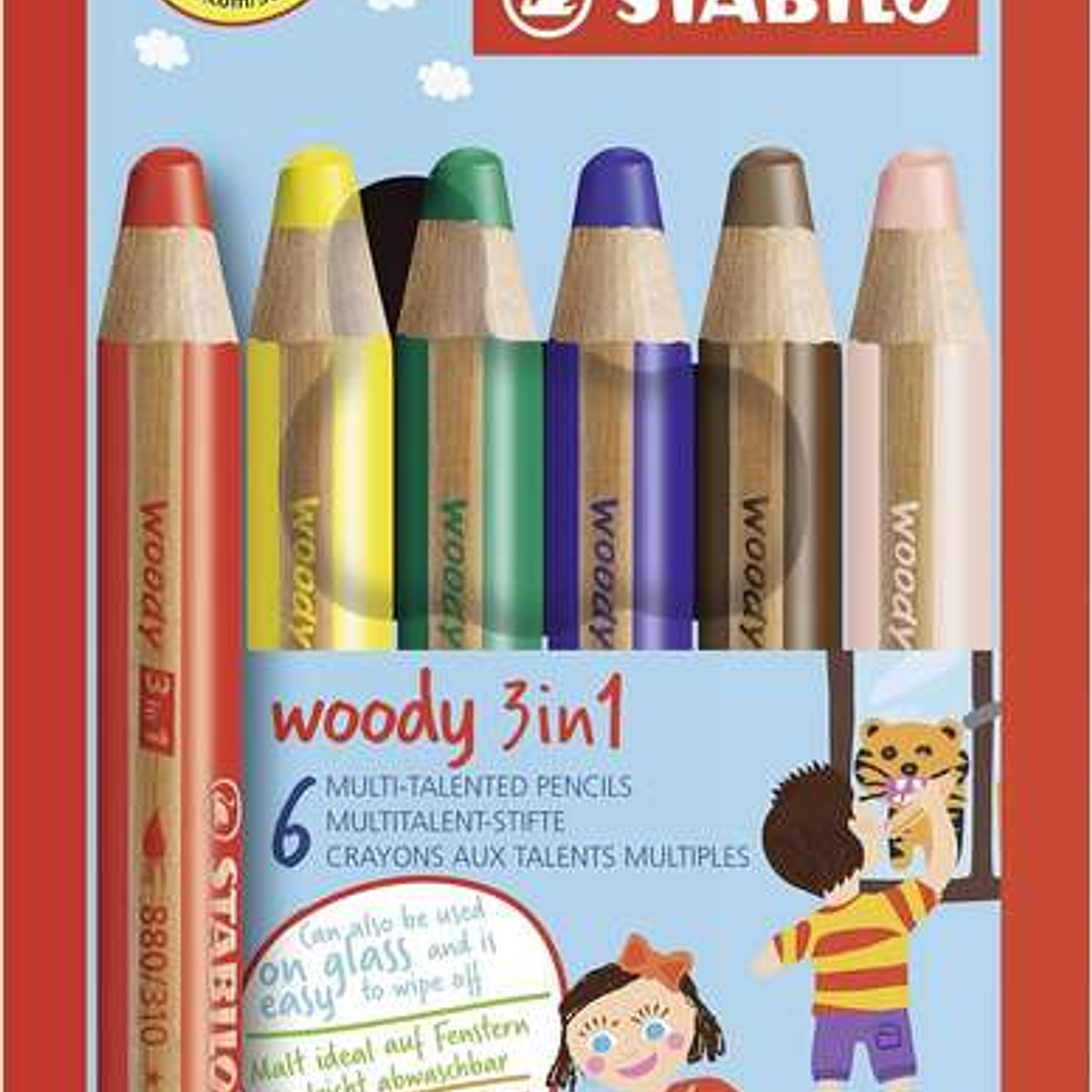 Stabilo Woody 3 en 1 Pack de 6 Lapices de Colores - Lapiz de Color, Cera y Acuarela, Todo en Uno - Mina XXL 10mm - Colores Surtidos 1