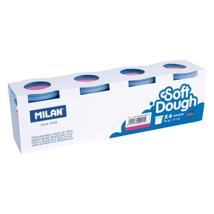 Milan Soft Dough Pack de 4 Botes de Pasta Blanda - 100% Vegetal - Moldeable - Sin Residuos - Colores Mezclables - 116g por Unidad - Color Rosa 1