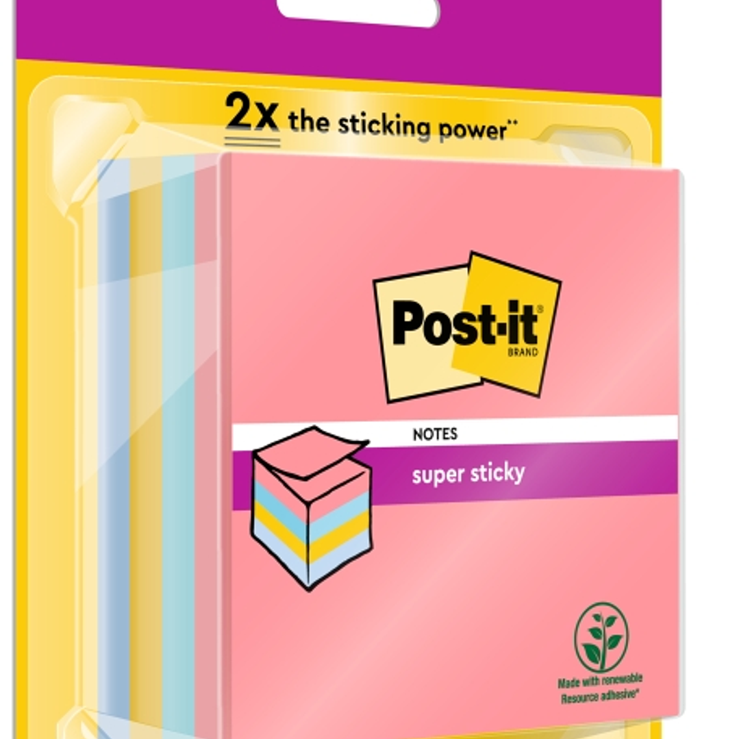 Post-It Super Sticky Cubo de 400 Notas Adhesivas Reposicionables - Colores Arcoiris - 76x76mm - Colores Surtidos 1