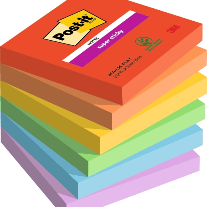 Post-It Super Sticky Pack de 6 Blocs de 90 Notas Adhesivas Reposicionables - Forma Cuadrada - 76x76mm - Colores Surtidos 1