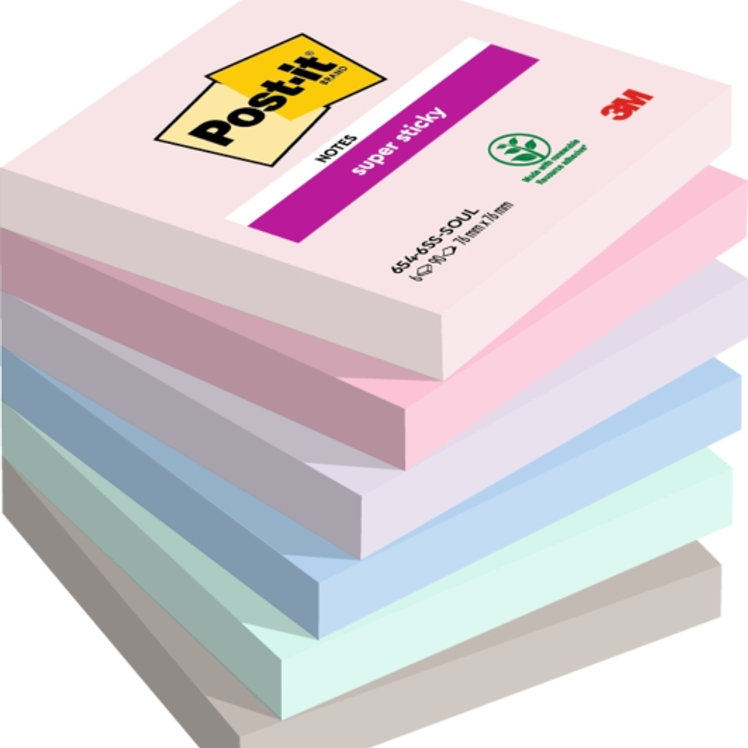Post-It Super Sticky Pack de 6 Blocs de 90 Notas Adhesivas Reposicionables - Forma Cuadrada - 76x76mm - Colores Surtidos 1