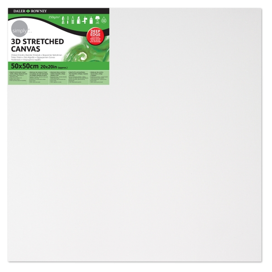 Daler Rowney Simply Bastidor Entelado 3D - 50x50cm - Imprimacion Triple - Grano Medio - 100% Algodon sin Acido - 250g - Color Blanco 1