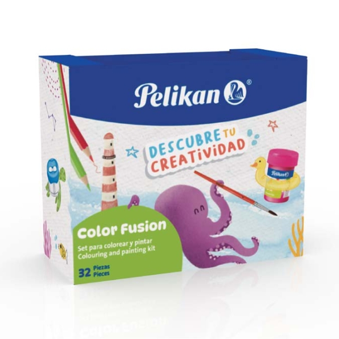 Pelikan Color Fusion Pack con 12 Rotuladores + 12 Lapices de Colores + 6 Botes de Tempera 25ml, Pincel y Recipiente para Agua 1