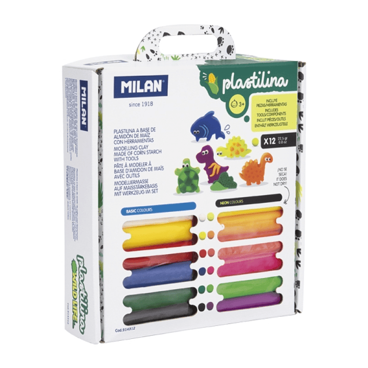 Milan Wild Life Pack de 12 Barritas de Plastilina de Colores - 100% Vegetal - Muy Moldeable - No Se Seca - Colores Mezclables - Maletin con Herramient 1
