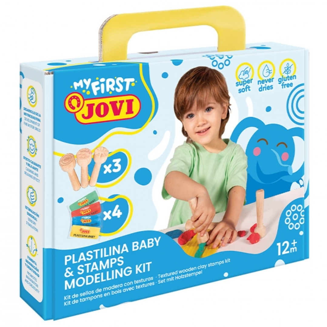 Jovi My First Plastilina Kit de Modelaje con 4 Pastillas de Plastilina 38gr + 3 Estampadores de Madera - Super Blanda - Estimula Creatividad y Sensibi 1