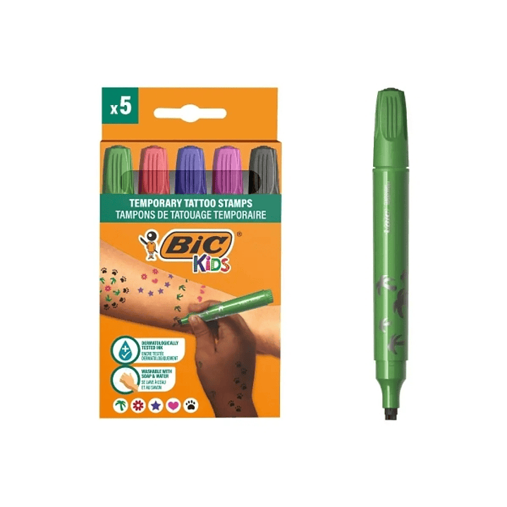Bic Kids Pack de 5 Rotuladores de Sellos para Tatuajes Temporales - Tinta Dermatologicamente Testada y Sin Perfume - Colores Surtidos 1