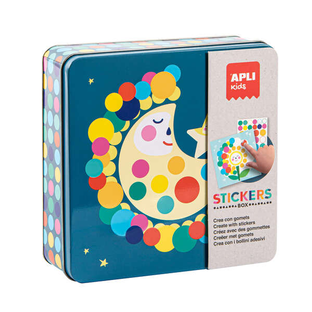 Apli Juegos de Gomets Luna - Incluye 16 Laminas y 12 Hojas de Gomets Removibles - Alto Valor Didactico - Caja Metalica con Diseño Exclusivo - Recomend 1