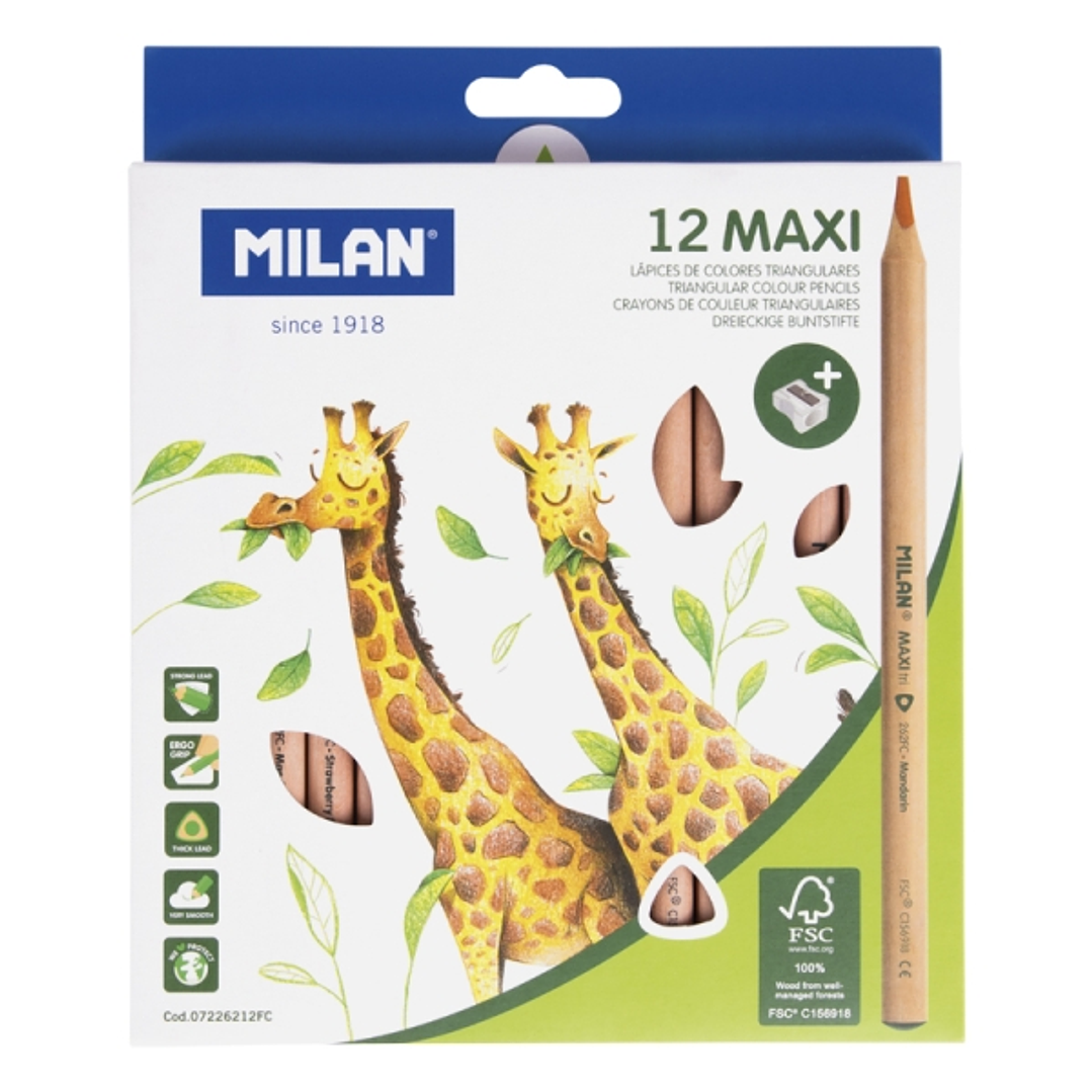 Milan Maxi Pack de 12 Lapices de Colores - Madera Certificada FSC - Incluye Sacapuntas - Triangulares - Colores Surtidos 1