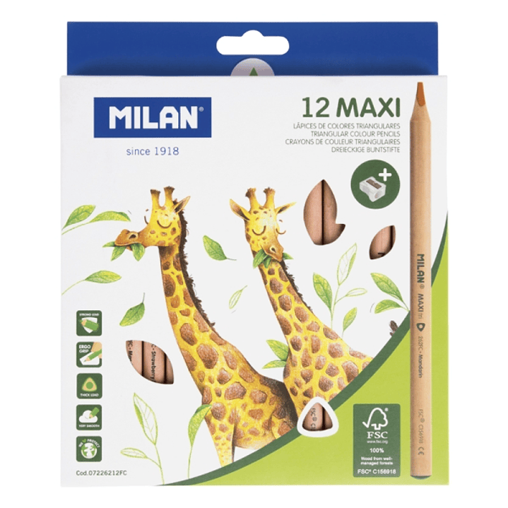 Milan Maxi Pack de 12 Lapices de Colores - Madera Certificada FSC - Incluye Sacapuntas - Triangulares - Colores Surtidos 1