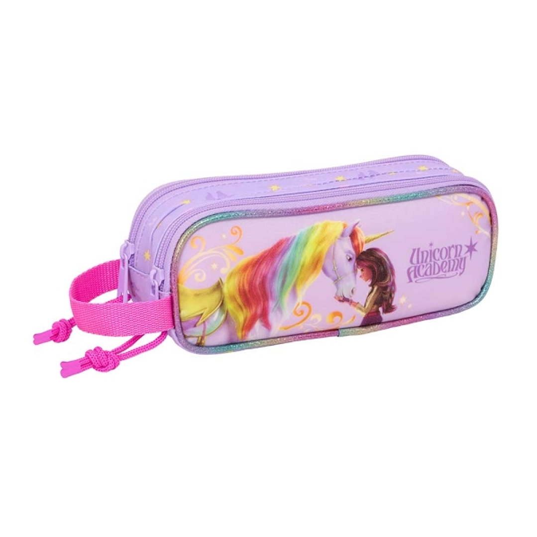 Safta Unicorn Academy Portatodo - 2 Compartimentos con Cremalleras - Asa Lateral - 1L - 210x60x80mm - Color Rosa 1