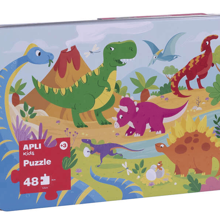 Apli Kids Puzle Dinosaurios - 48 Piezas de 5.5x6cm - Caja Metalica Rectangular - Diseño Exclusivo Infantil, Colorido, Claro y Simple - Piezas Resisten 1