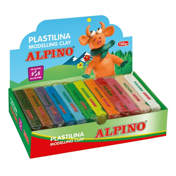 Alpino Expositor de 12 Pastillas de Plastilina 150gr - Muy Flexible - Pueden Mezclarse - Sin Gluten - Colores Surtidos 1