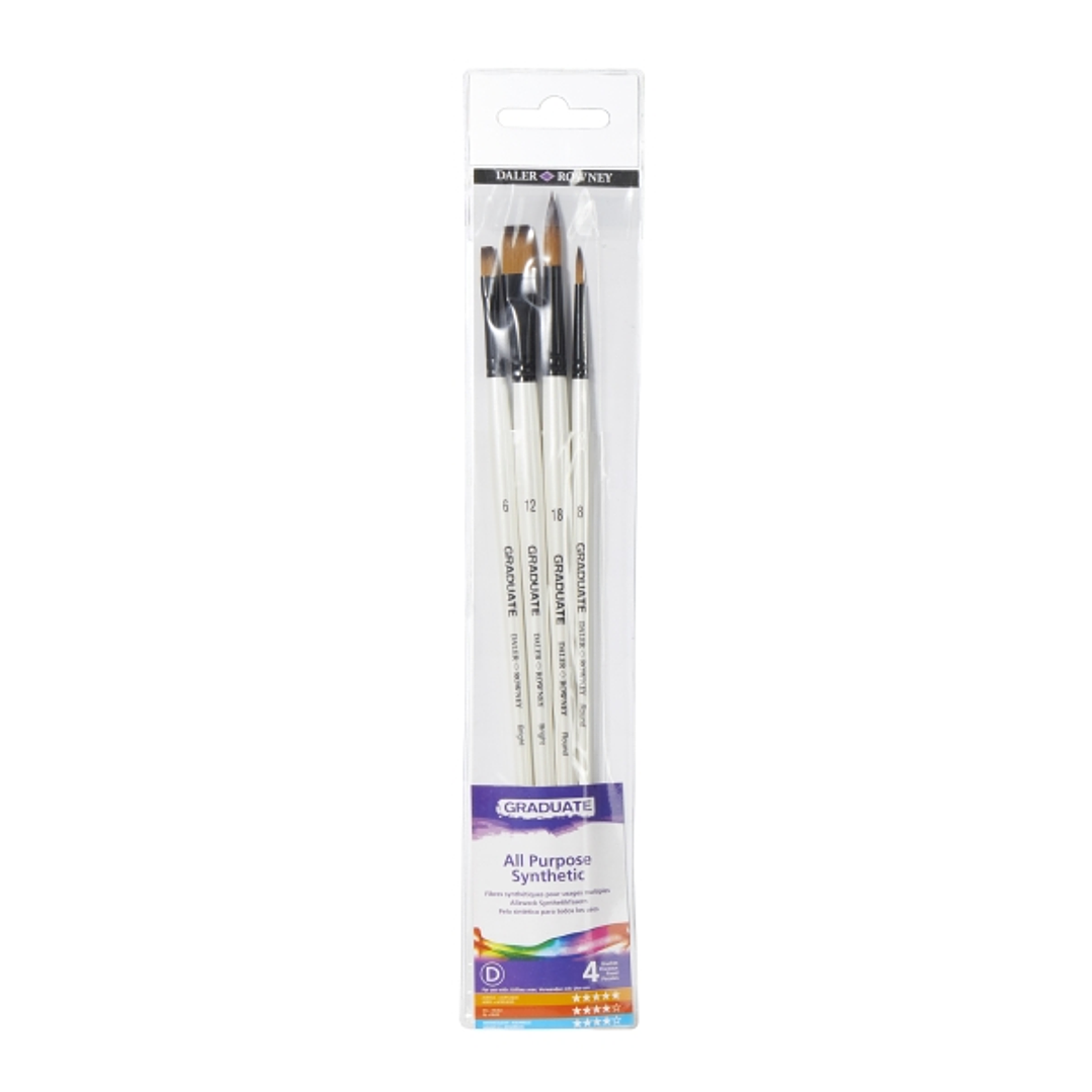 Daler Rowney Graduate Pack de 4 Pinceles Multitecnica - Pelo Sintetico - Mango Largo 1