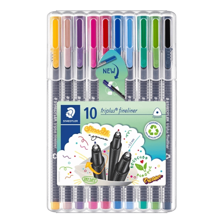 Staedtler Triplus Fineliner 334 Pack de 10 Rotuladores de Punta Fina - Trazo 0.3 mm aprox. - Tinta Base de Agua - 97% de Plastico Reciclado - Colores  1