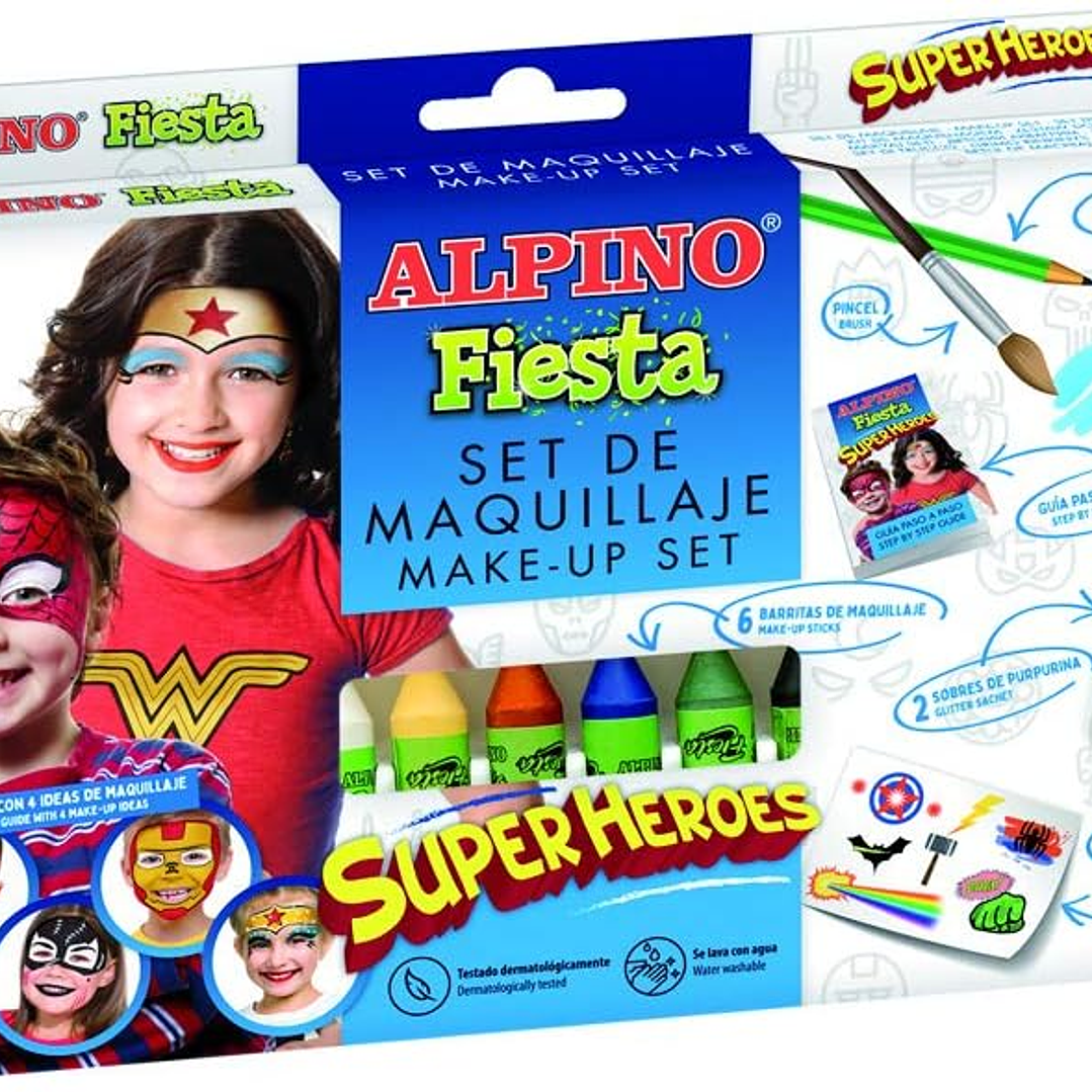 Alpino Fiesta Superheroes Pack de Maquillaje con 6 Barritas de Pintura Facial + Pincel + Tatuajes en Calcomania + Lapiz Perfilador y 2 Sobres de Purpu 1