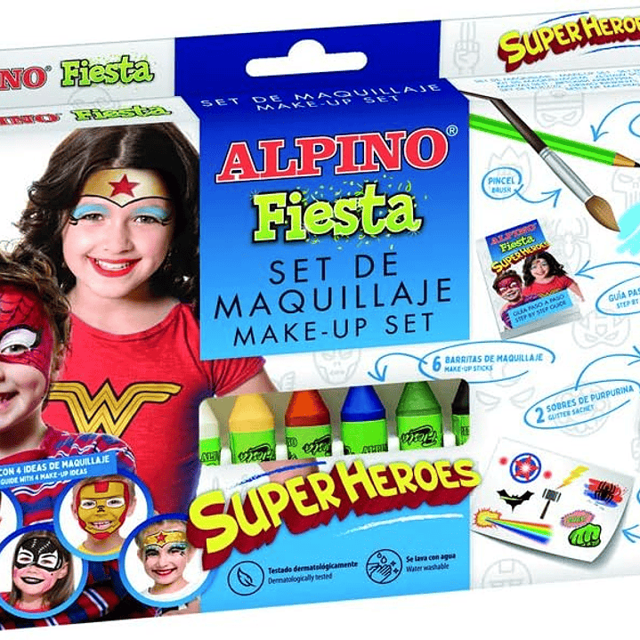 Alpino Fiesta Superheroes Pack de Maquillaje con 6 Barritas de Pintura Facial + Pincel + Tatuajes en Calcomania + Lapiz Perfilador y 2 Sobres de Purpu 1
