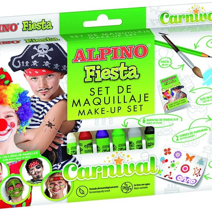 Alpino Fiesta Carnival Pack de Maquillaje con 6 Barritas de Pintura Facial + Pincel + Tatuajes en Calcomania + Lapiz Perfilador y 2 Sobres de Purpurin 1