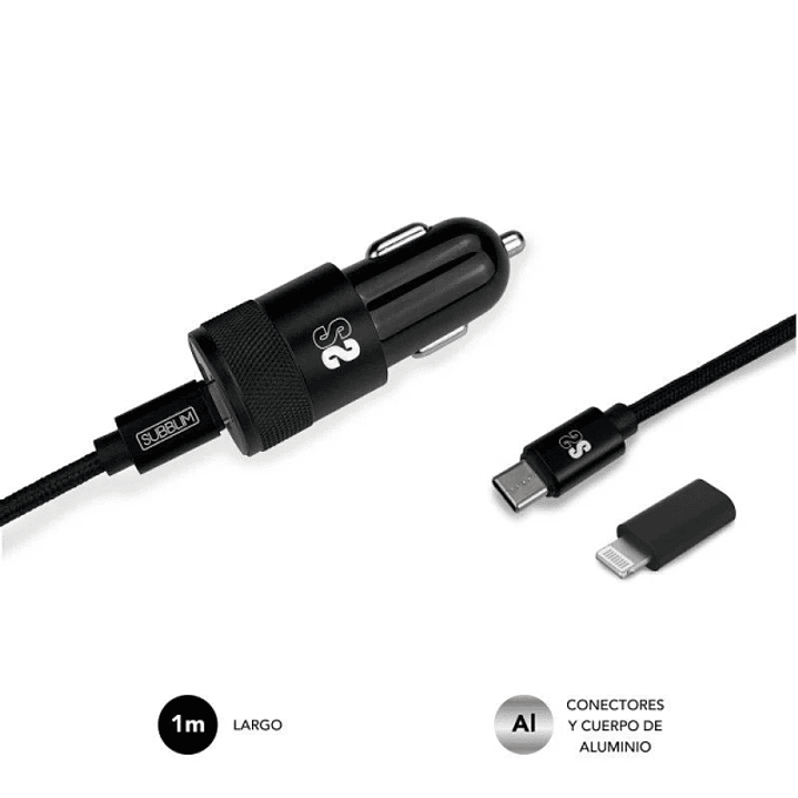 Subblim Cargador Coche Dual PD20W+QC3.0+C to C/Lightning cable - Carga Rápida - 2 Puertos USB C + USB A - Cable USB C reversible con adaptador Lightni 1