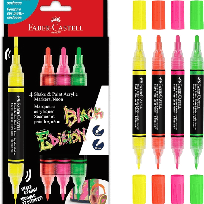 Faber-Castell Shake & Paint Black Edition Pack de 4 Rotuladores Acrilicos Doble Punta - Puntas Redondas de 1mm y 3mm - Tinta Acrilica al Agua - Colore 1