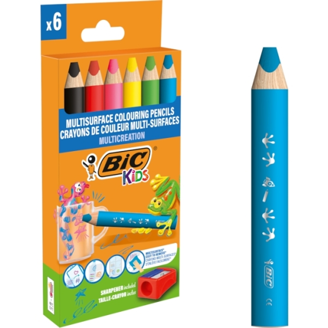 Bic Kids Multisuperficie Pack de 6 Lapices de Colores + Sacapuntas - Cuerpo Triangular - Minas Borrables en Superficies No Porosas - Colores Surtidos 1