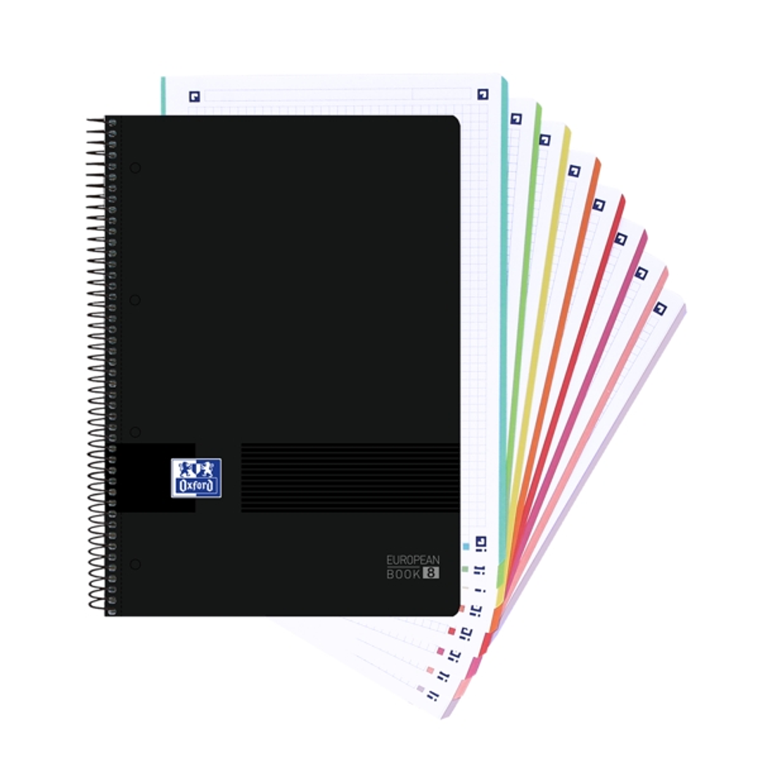 Oxford Europeanbook 8 Live & Go Cuaderno Espiral A4+ 160 Hojas Cuadricula 5x5 - 8 Bandas de Color - Tapa de Plastico Resistente - Color Negro 1