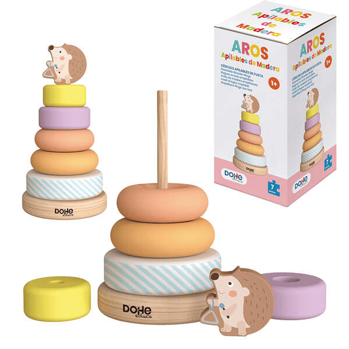 Dohe Juego Educativo de Aros Apilables de Madera Natural - Bordes Redondos - Varilla de Seguridad - Estimula la Coordinacion Ojo-Mano - Fomenta la Hab 1