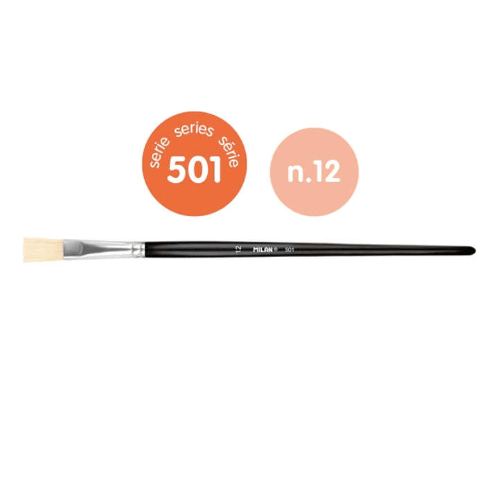 Milan 501 Pack de 6 Pinceles Planos Numero 12 - Bolsa con Colgador - Cerda Natural - Color Negro 1