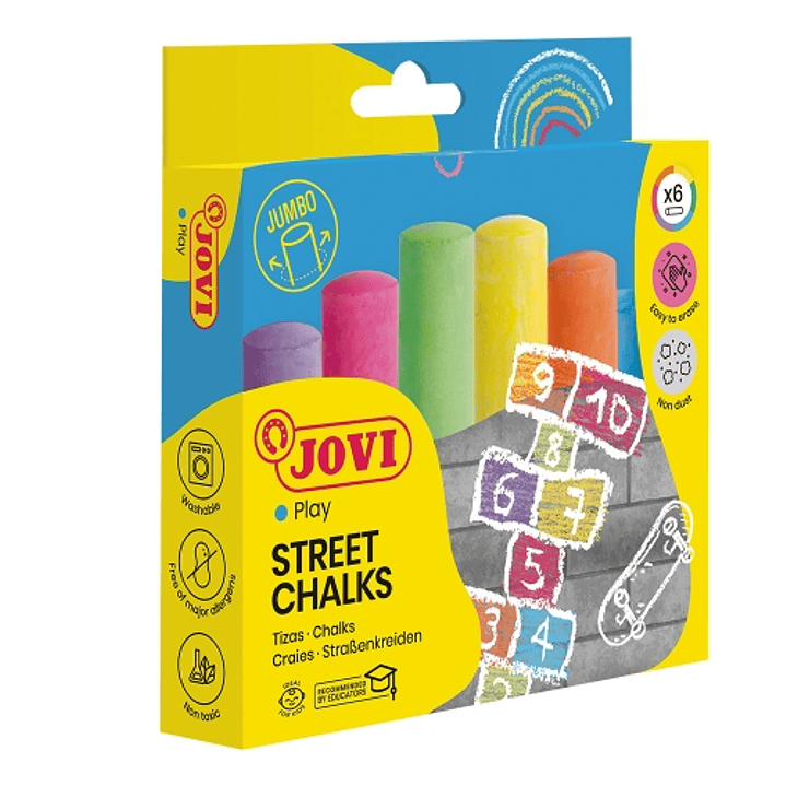 Jovi Street Chalks Estuche de 6 Tizas Jumbo - Compactas - sin Polvo - Materias Primas Naturales - Trazos Nitidos - Faciles de Borrar - Resistentes - C 1