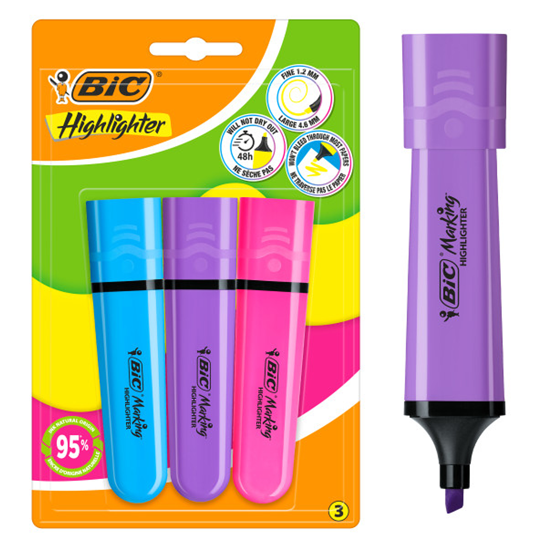 Bic Marking Highlighter Flat Pack de 3 Marcadores Fluorescentes - Punta Biselada - Trazo entre 1.20 y 4.60 mm - Tinta con Base de Agua - Colores Surti 1