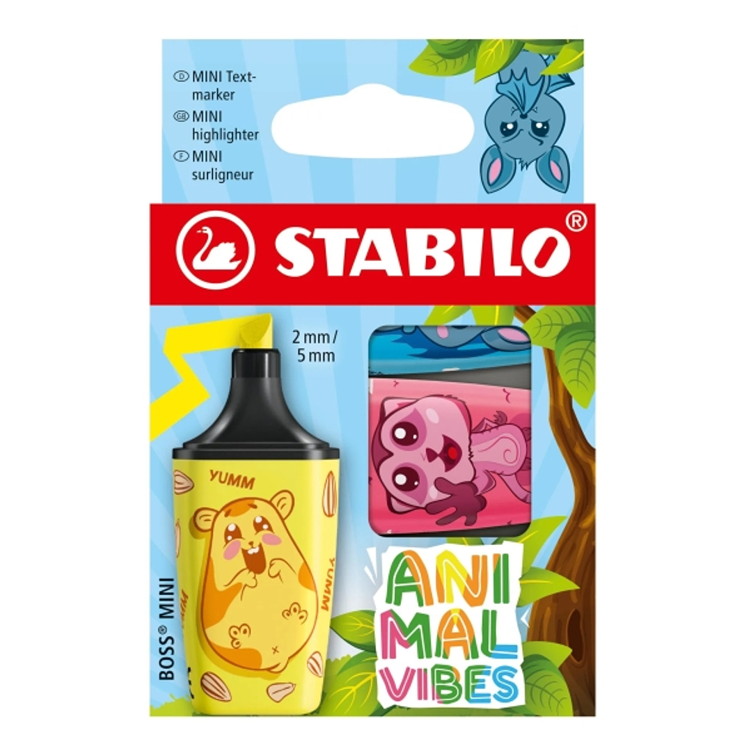 Stabilo Boss Mini Animal Vibes Pack de 3 Mini Marcadores Fluorescentes - Trazo entre 2 y 5mm - Tinta con Base de Agua - Antisecado - Colores Surtidos 1