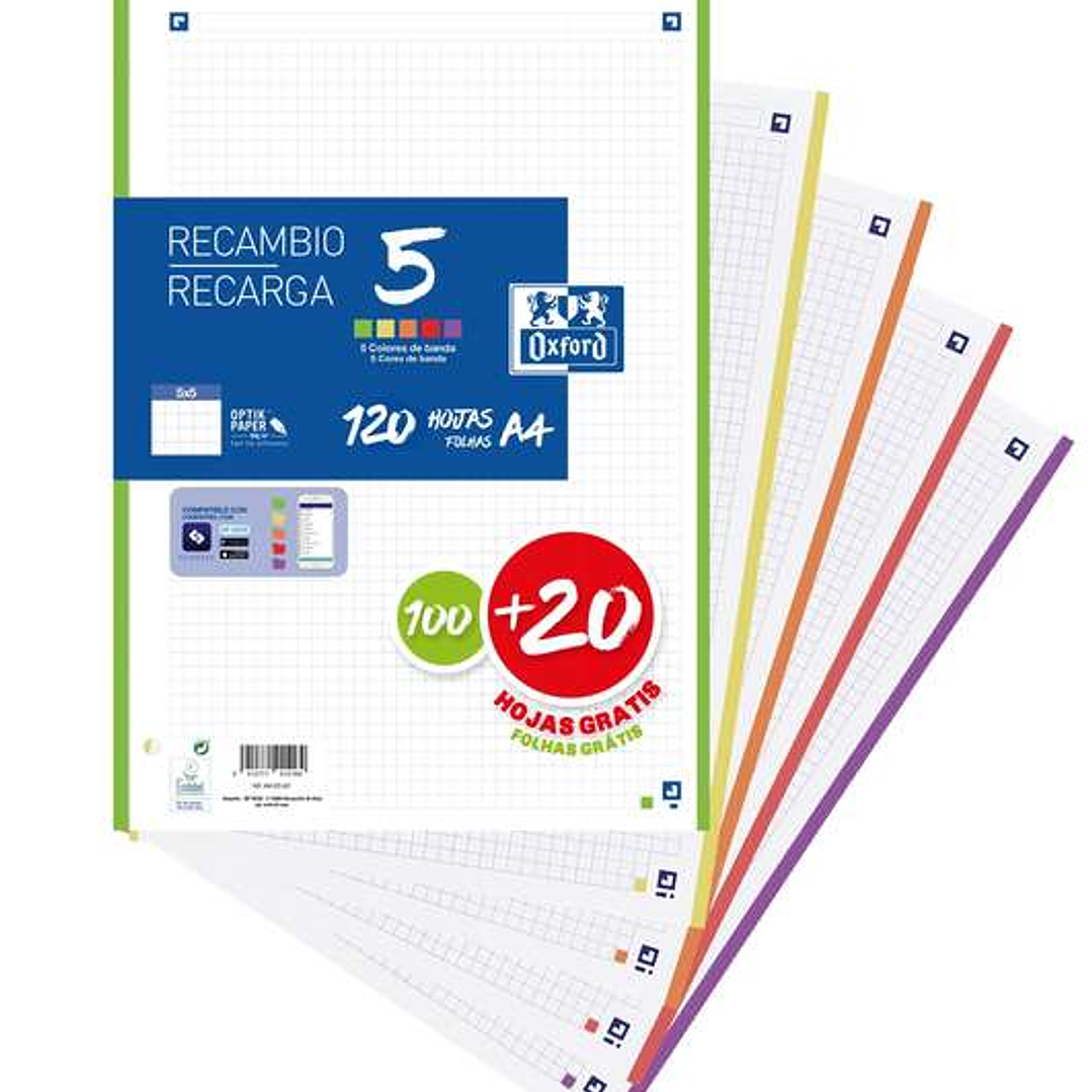 Oxford 5 Recambio de 120 Hojas Formato A4 Cuadriculado 5x5mm 4 Taladros - Banda de 5 Colores Vivos 1