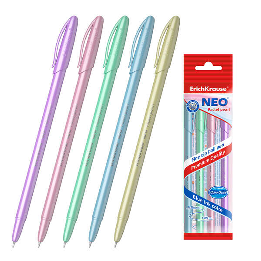 Erichkrause Pack de 5 Boligrafos Neo Pastel Pearl - Punta de Aguja Sofisticada - Tinta de Baja Viscosidad - Colores Pastel Perlados - Azul 1
