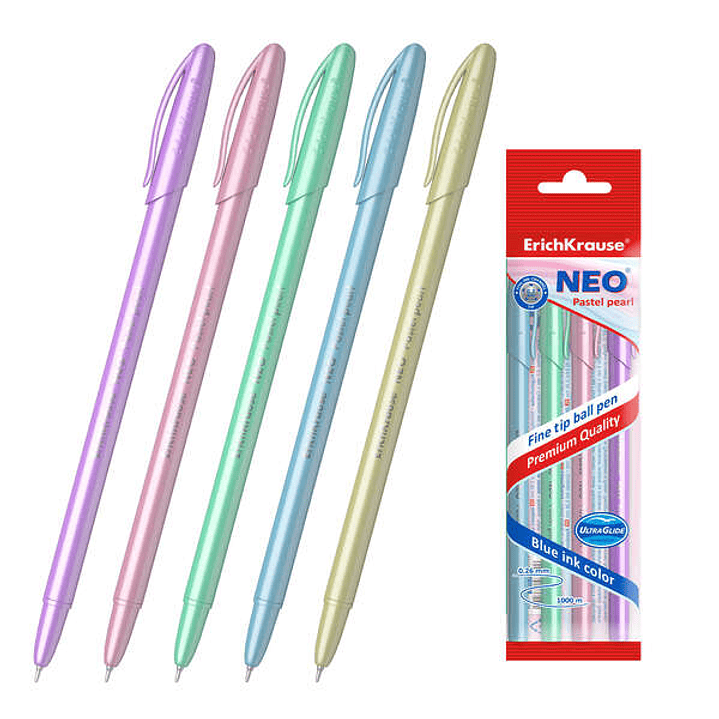 Erichkrause Pack de 5 Boligrafos Neo Pastel Pearl - Punta de Aguja Sofisticada - Tinta de Baja Viscosidad - Colores Pastel Perlados - Azul 1