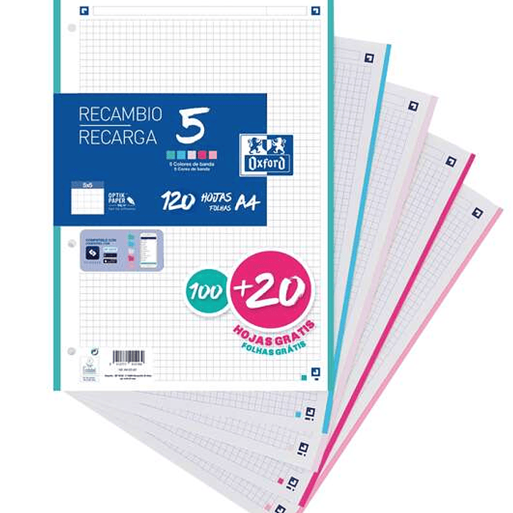 Oxford 5 Recambio Formato A4 Cuadriculado 5x5mm 4 Taladros - 100 Hojas + 20 Gratis - Banda de 5 Colores Pastel 1