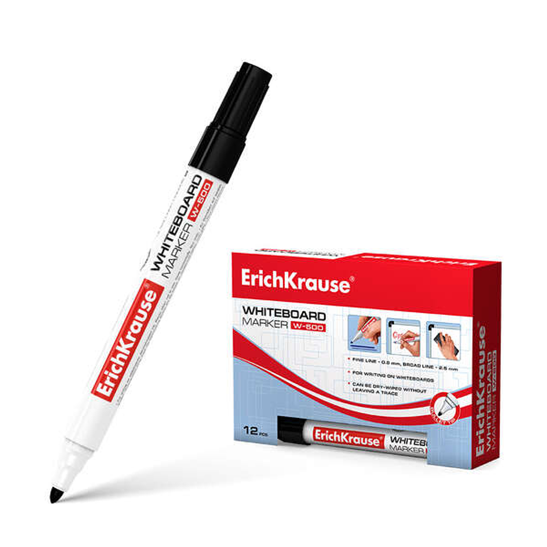 Erichkrause W-500 Rotulador para Pizarra Blanca - Punta en Forma de Bala - Trazo de 0.8 a 2.5mm - Tinta a Base de Alcohol - Color Negro 1