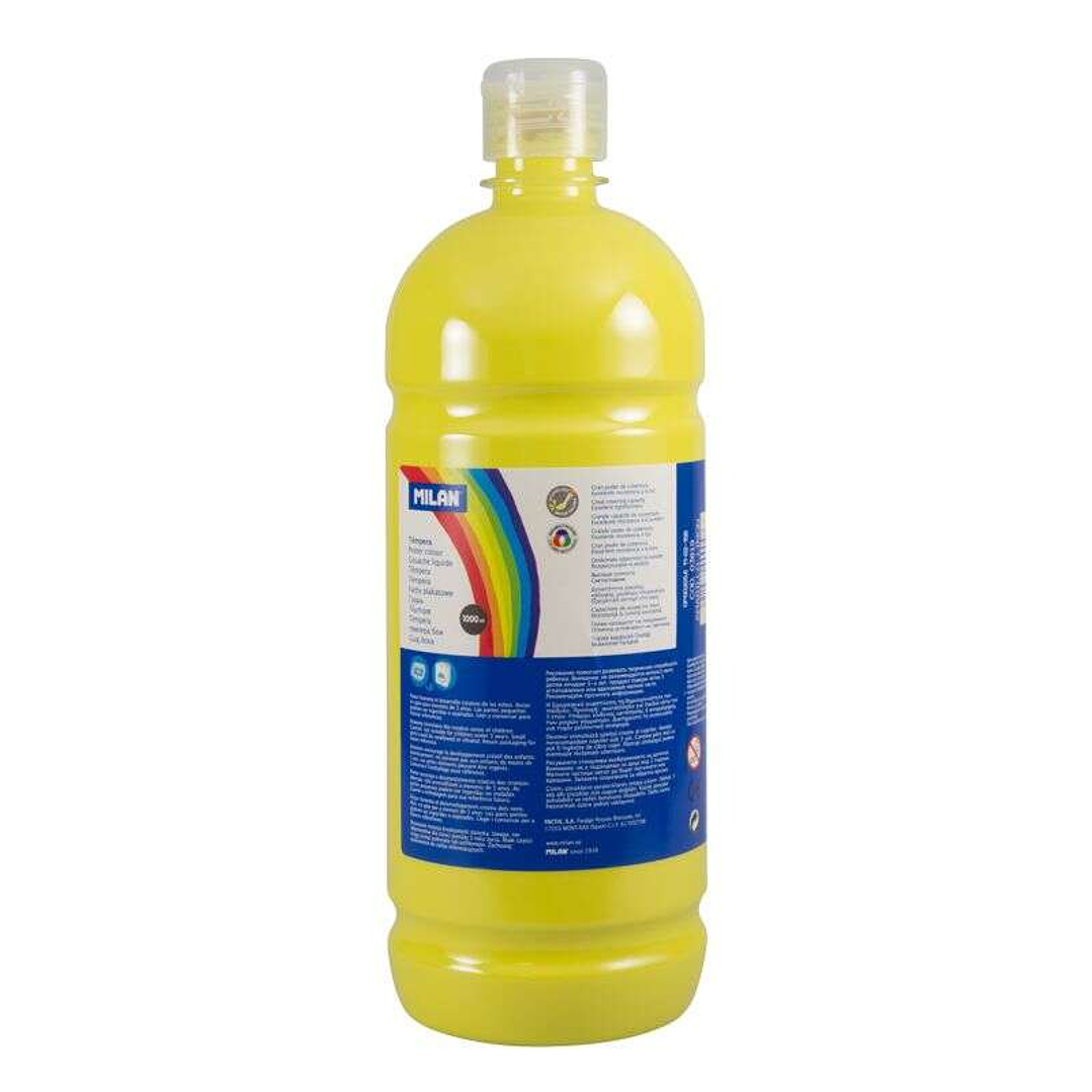 Milan Botella de Tempera 1000ml - Tapon Dosificador - Secado Rapido - Mezclable - Color Amarillo 1