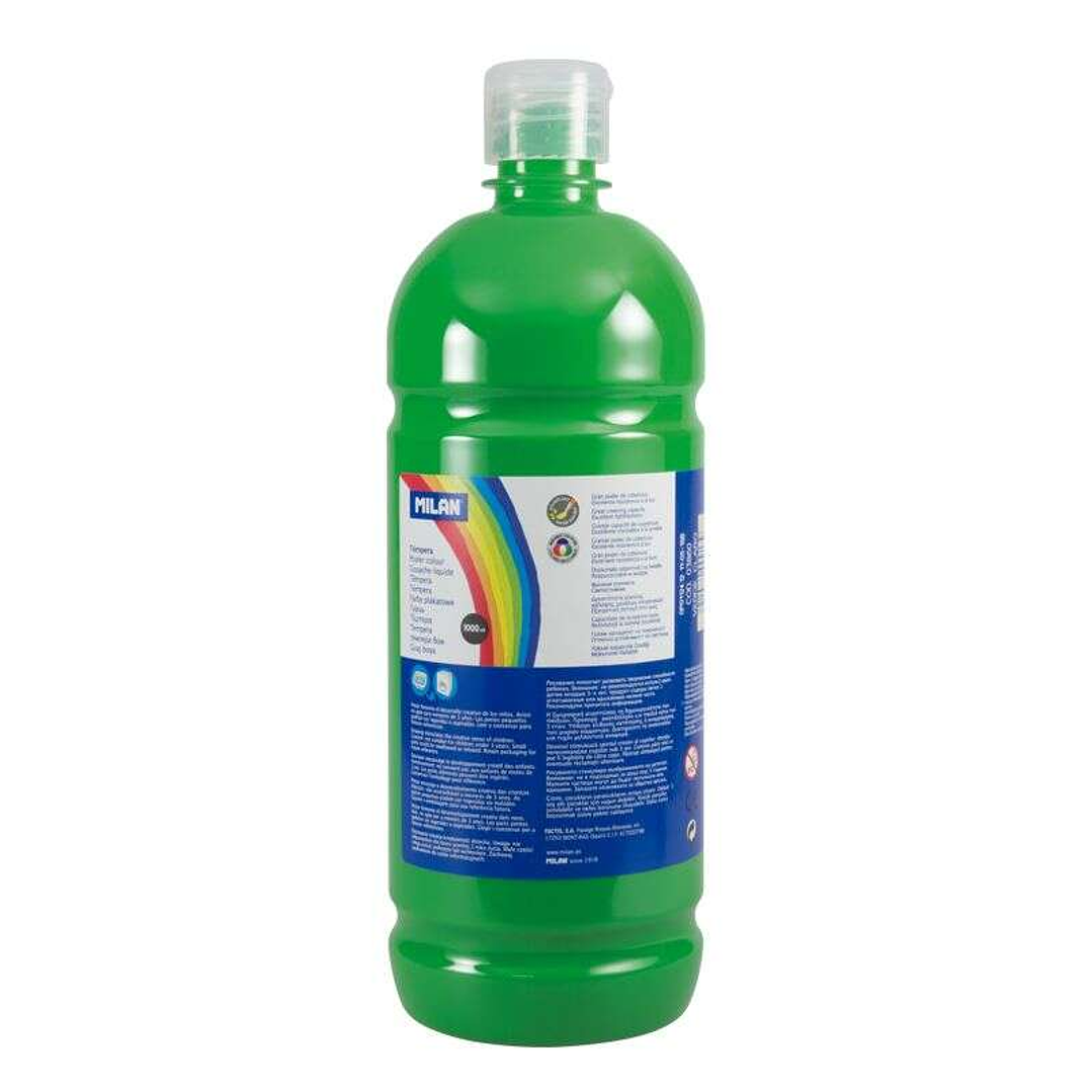 Milan Botella de Tempera 1000ml - Tapon Dosificador - Secado Rapido - Mezclable - Color Verde Claro 1